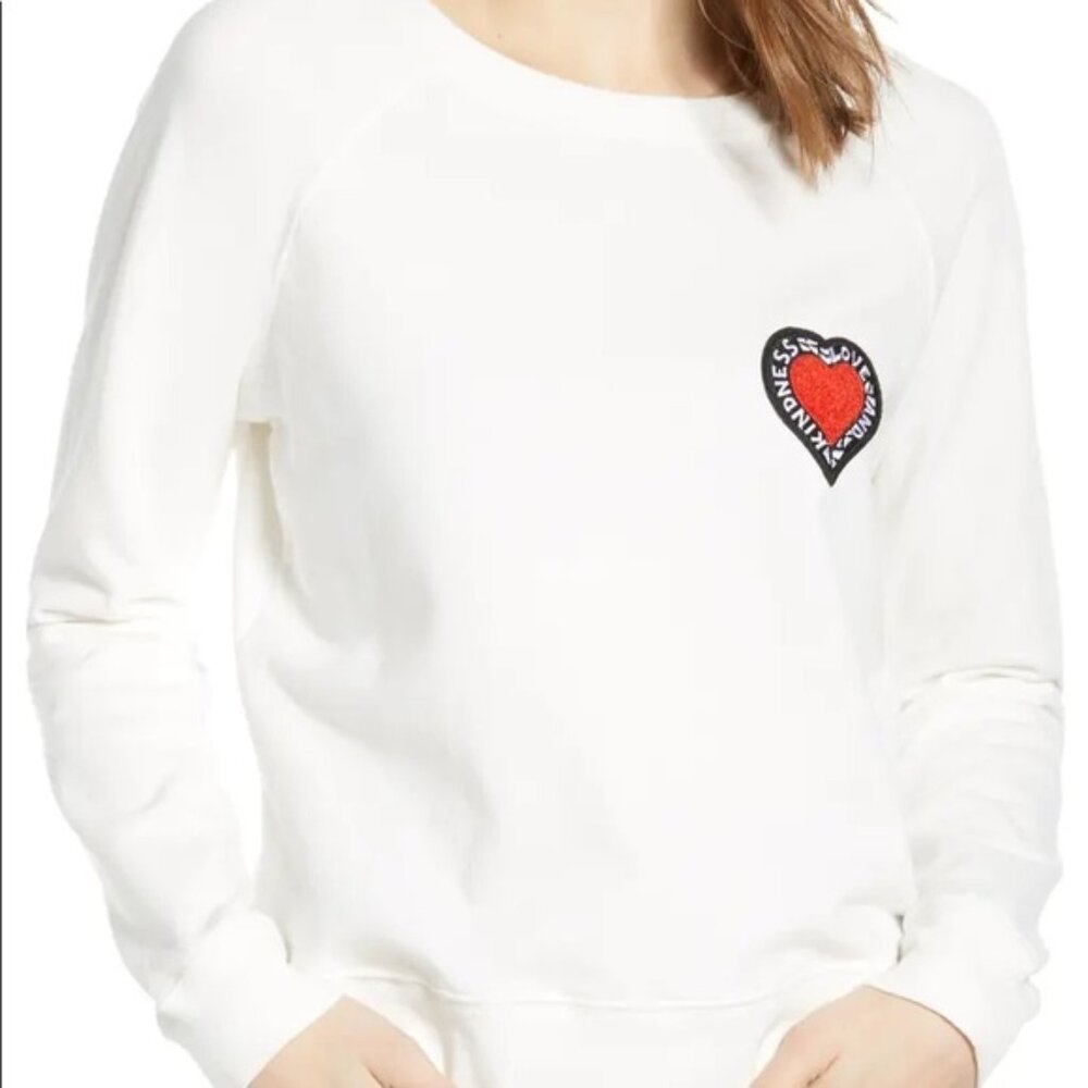 Rebecca Minkoff White Sweatshirt with Red Heart Patch and Black Trim